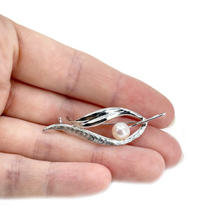 Modern Leaf Japanese Saltwater Akoya Cultured Pearl Brooch Pendant- Sterling Silver
