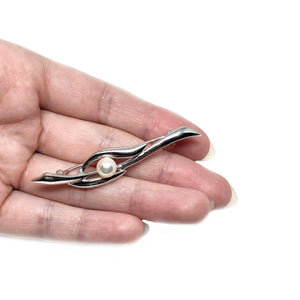 Slim Modern Japanese Saltwater Akoya Cultured Pearl Brooch Pendant- Sterling Silver
