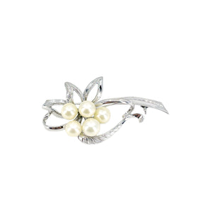 Modernist Engraved Vintage Japanese Saltwater Akoya Vintage Cultured Pearl Brooch- Sterling Silver
