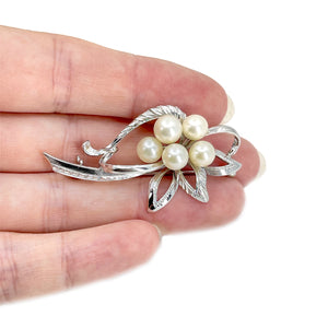 Modernist Engraved Vintage Japanese Saltwater Akoya Vintage Cultured Pearl Brooch- Sterling Silver
