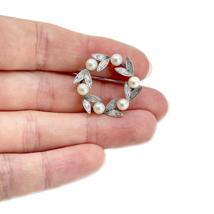 Wreath Small Leaf Japanese Saltwater Akoya Pearl Brooch- Sterling Silver