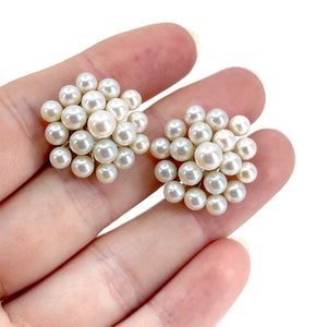 Snowflake Cluster Modern Akoya Saltwater Cultured Pearl Vintage Screwback Earrings- Sterling Silver