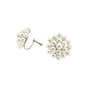 Snowflake Cluster Modern Akoya Saltwater Cultured Pearl Vintage Screwback Earrings- Sterling Silver