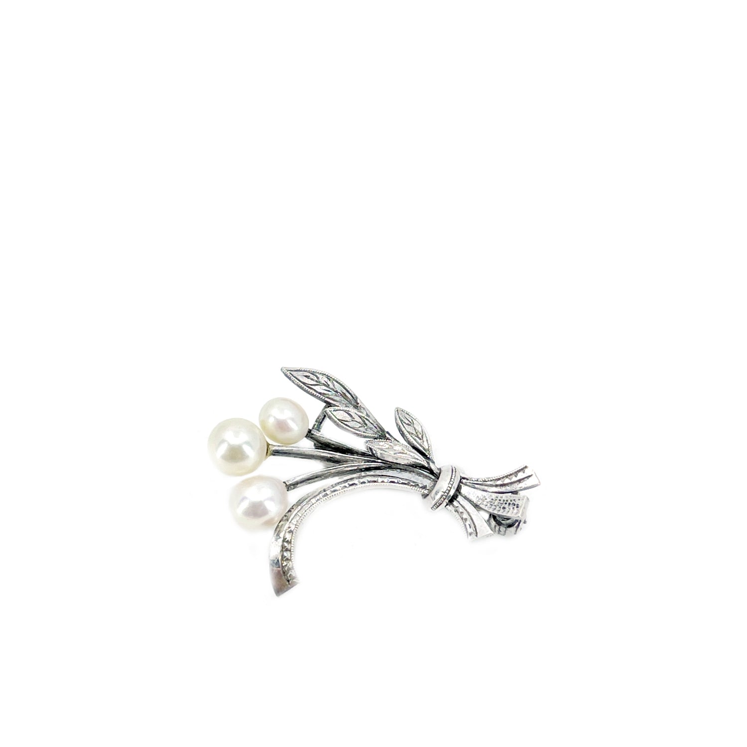 Engraved Spray Branch Japanese Akoya Cultured Saltwater Pearl Brooch- Sterling Silver