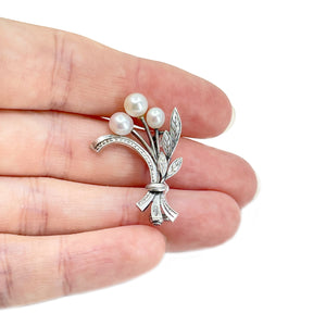 Engraved Spray Branch Japanese Akoya Cultured Saltwater Pearl Brooch- Sterling Silver
