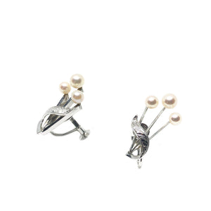 Spray Leaf Engraved Akoya Saltwater Cultured Pearl Screwback Earrings- Sterling Silver