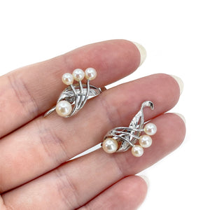 Engraved Nouveau Akoya Saltwater Cultured Pearl Spray Screwback Earrings- Sterling Silver