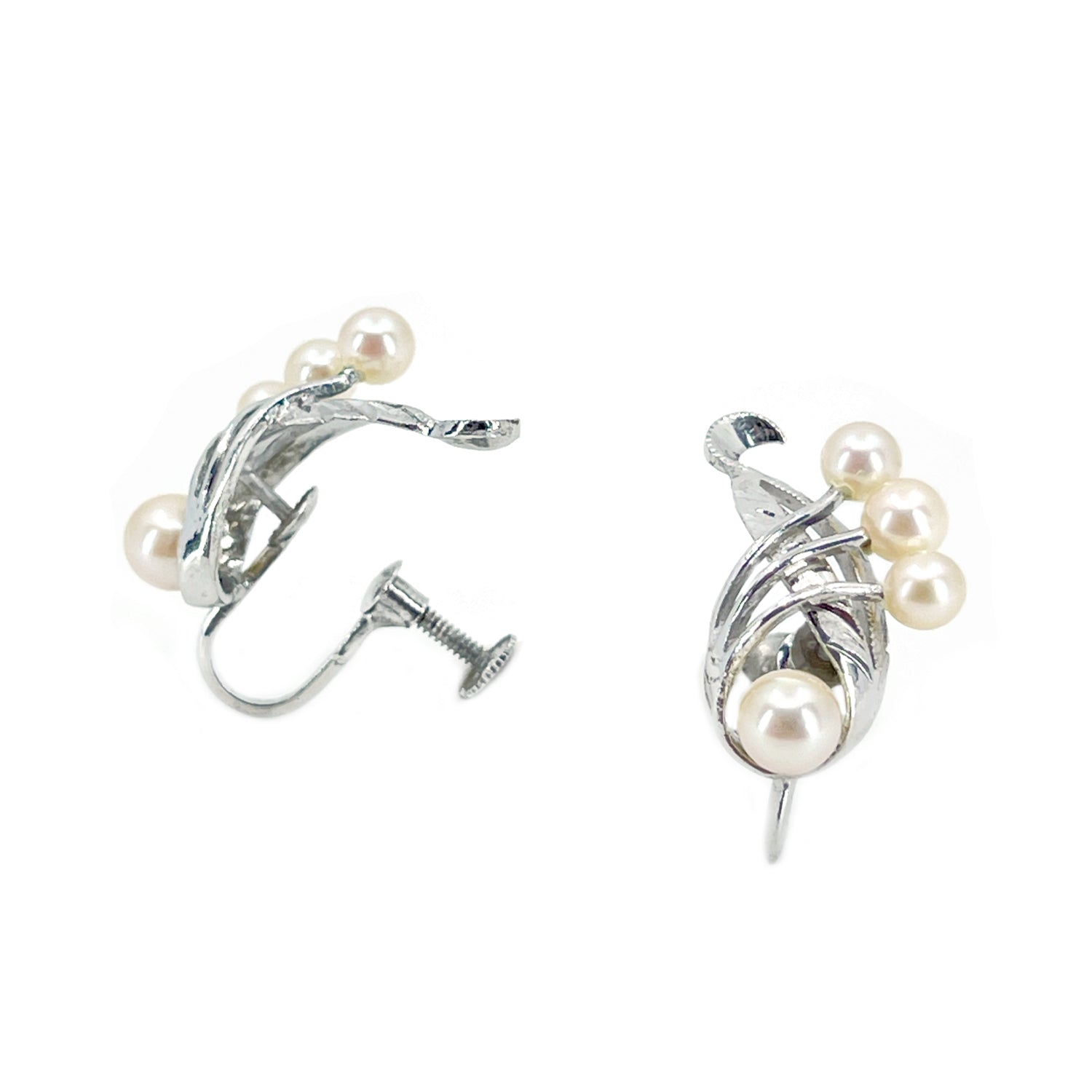 Engraved Nouveau Akoya Saltwater Cultured Pearl Spray Screwback Earrings- Sterling Silver