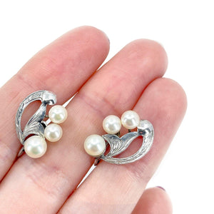 Engraved Deco Akoya Saltwater Cultured Pearl Screwback Earrings- Sterling Silver