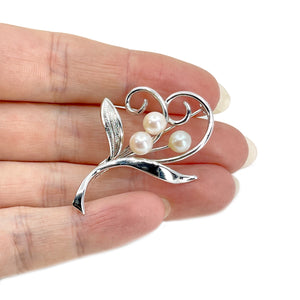 Whimsical Vine Japanese Akoya Cultured Saltwater Pearl Vintage Brooch- Sterling Silver