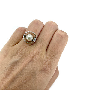 Halo Japanese Saltwater Akoya Cultured Pearl Ring- Sterling Silver Sz 6