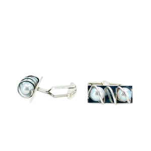 Vintage Blue Akoya Saltwater Cultured Pearl Swirl Modernist Cufflinks- Sterling Silver