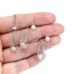Takashima Designer Akoya Saltwater Cultured Cadged Pearl Screwback Earrings Pendant Set- Sterling Silver