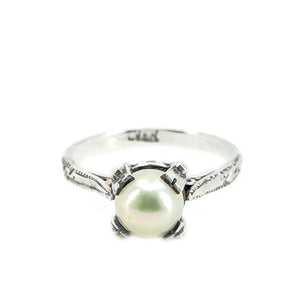 Takashima Art Deco Japanese Saltwater Akoya Cultured Pearl Solitaire Ring- Sterling Silver Sz 5