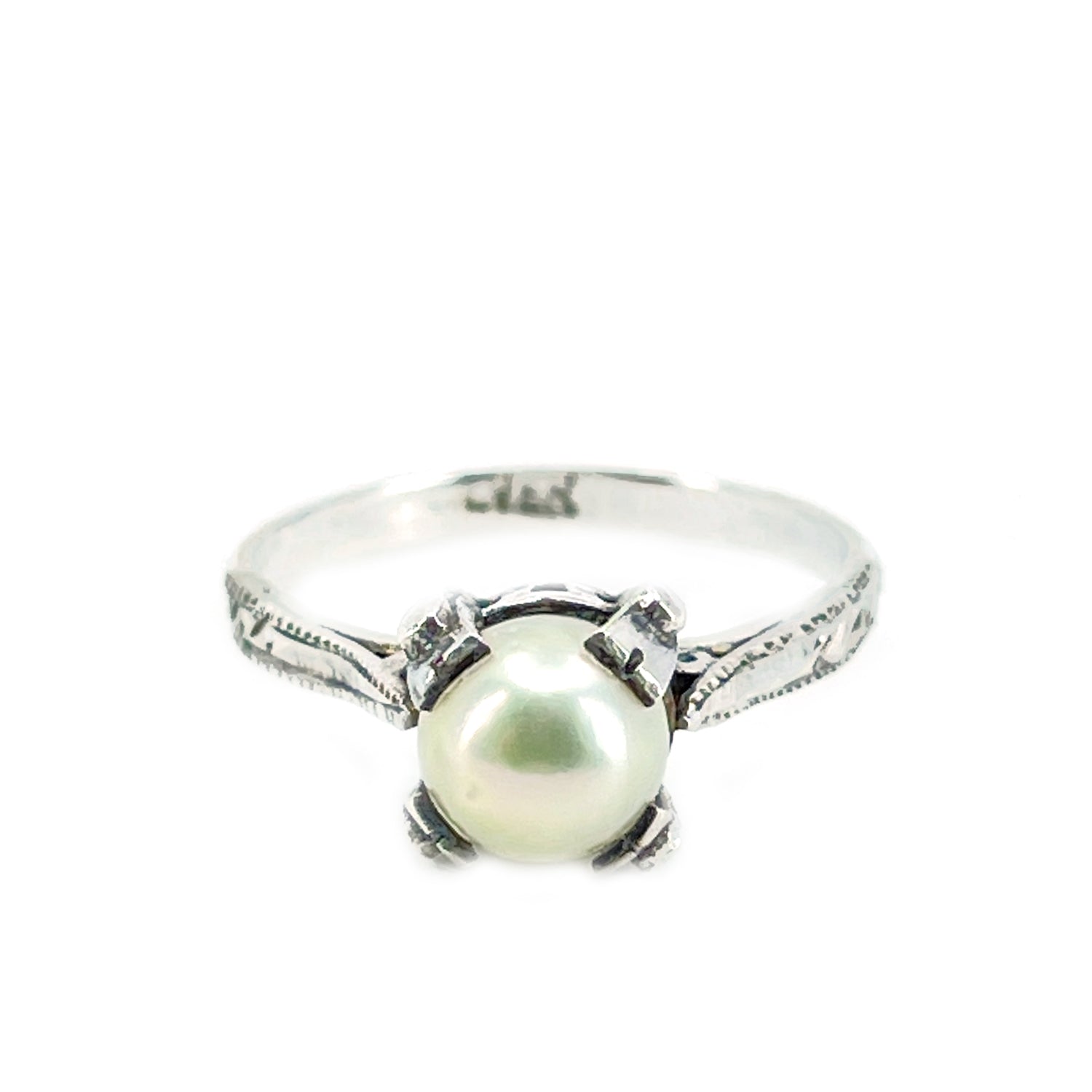Takashima Art Deco Japanese Saltwater Akoya Cultured Pearl Solitaire Ring- Sterling Silver Sz 5