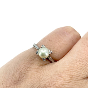 Takashima Art Deco Japanese Saltwater Akoya Cultured Pearl Solitaire Ring- Sterling Silver Sz 5