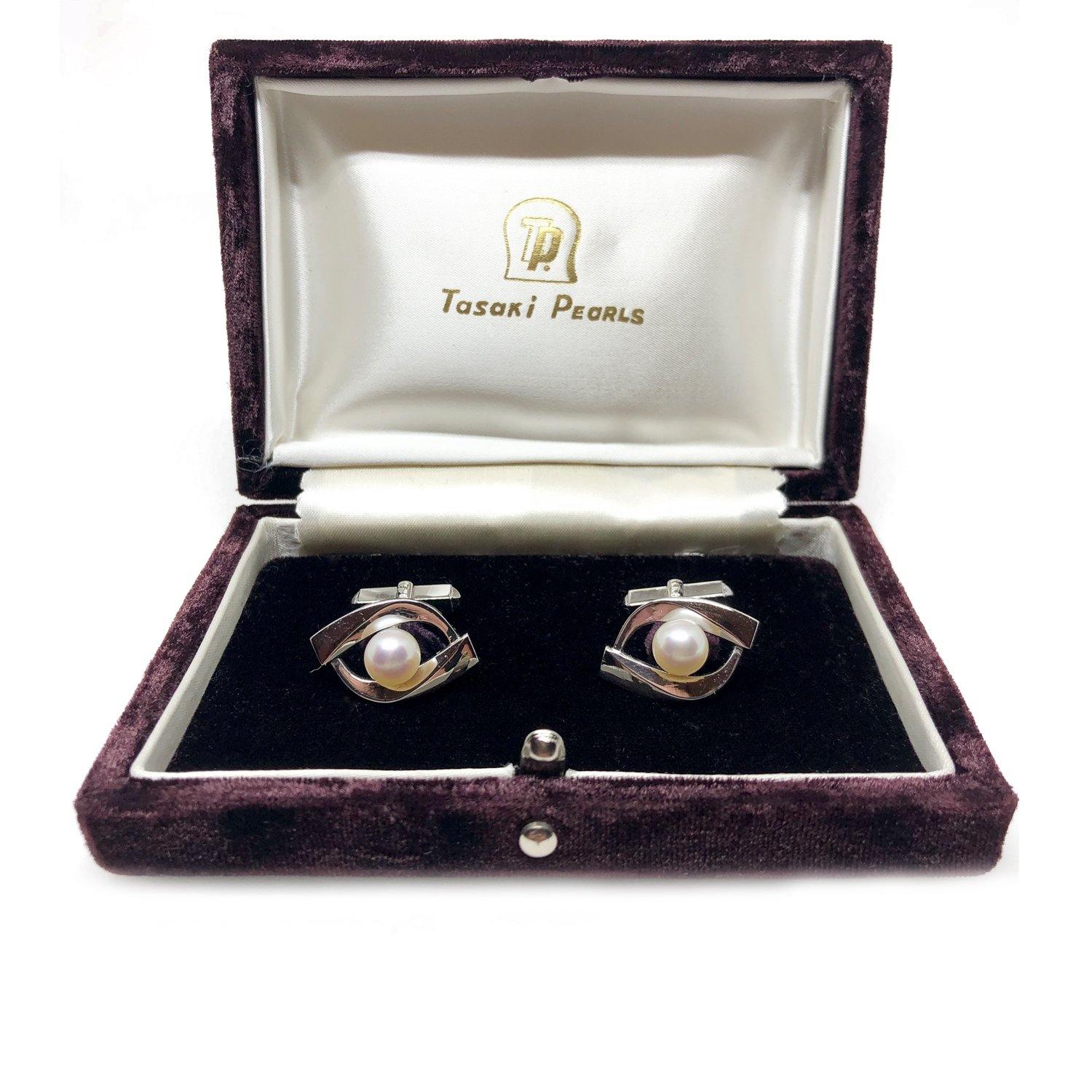 Tasaki Designer Japanese Cultured Akoya Pearl Round Mid Century Cufflinks- Sterling Silver - Vintage Valuable Pearls