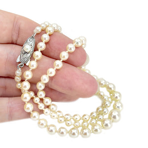Tasaki Japanese Saltwater Akoya Cultured Pearl Engraved Graduated Vintage Strand- Sterling Silver 21 Inch
