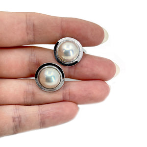 Tasaki Designer Japanese Cultured Mabe Pearl Round Mid Century Cufflinks- Sterling Silver