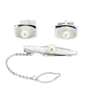 Vintage Mid-Century Modern Japanese Cultured Akoya Pearl Cufflink Tie Bar Set- Sterling Silver
