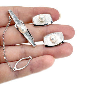 Vintage Mid-Century Modern Japanese Cultured Akoya Pearl Cufflink Tie Bar Set- Sterling Silver