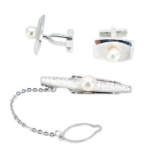 Vintage Mid-Century Modern Japanese Cultured Akoya Pearl Cufflink Tie Bar Set- Sterling Silver
