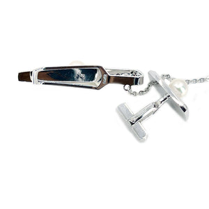 Vintage Mid-Century Modern Japanese Cultured Akoya Pearl Cufflink Tie Bar Set- Sterling Silver