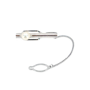 Modernist Textured Mid Century Modern Men's Japanese Saltwater Akoya Cultured Pearl Tie Bar- Sterling Silver