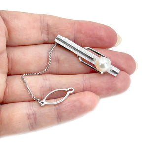 Modernist Textured Mid Century Modern Men's Japanese Saltwater Akoya Cultured Pearl Tie Bar- Sterling Silver