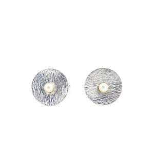 Mid-Century Modern Japanese Cultured Akoya Pearl Round Textured Cufflinks- Sterling Silver