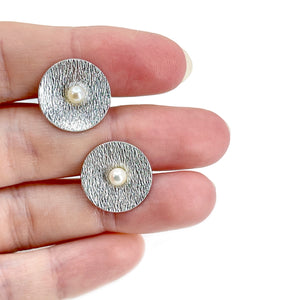 Mid-Century Modern Japanese Cultured Akoya Pearl Round Textured Cufflinks- Sterling Silver