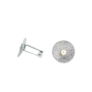 Mid-Century Modern Japanese Cultured Akoya Pearl Round Textured Cufflinks- Sterling Silver