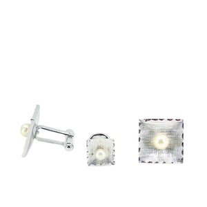 Theda Designer Japanese Cultured Akoya Pearl Square Mid Century Cufflinks Tie Tac- Sterling Silver