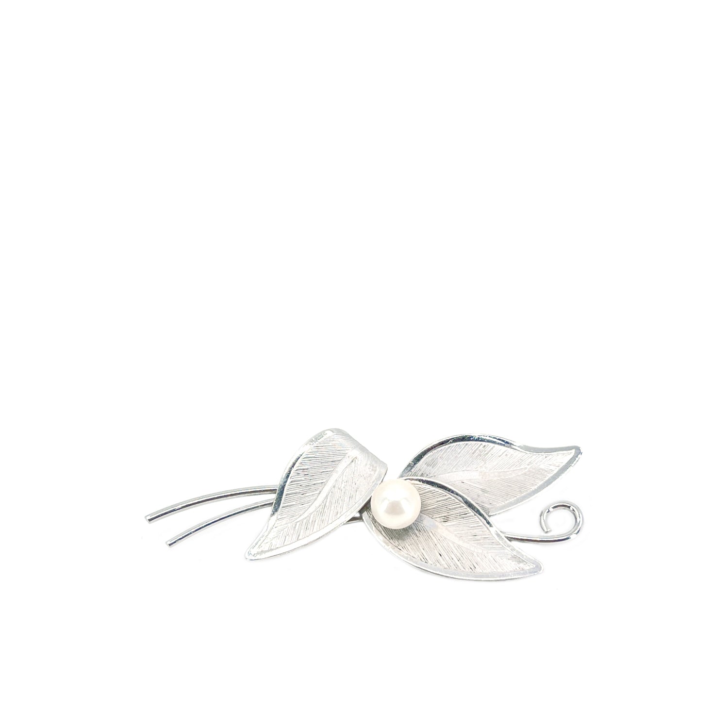 Curtis Creations Japanese Saltwater Cultured Akoya Pearl Brushed Leaf Brooch- Sterling Silver