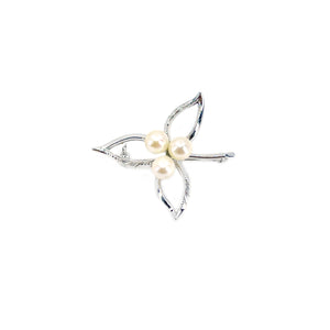 Nouveau Three Leaf Engraved Japanese Akoya Cultured Saltwater Pearl Brooch- Sterling Silver