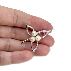 Nouveau Three Leaf Engraved Japanese Akoya Cultured Saltwater Pearl Brooch- Sterling Silver