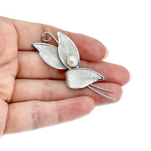 Curtis Creations Japanese Saltwater Cultured Akoya Pearl Brushed Leaf Brooch- Sterling Silver