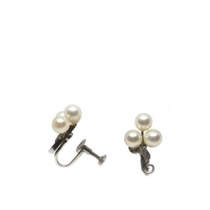 Leaf Engraved Akoya Saltwater Cultured Pearl Screwback Earrings- Sterling Silver