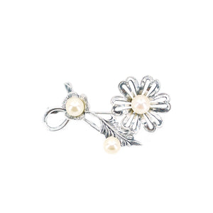 Vintage Bohemian Flower Japanese Akoya Cultured Saltwater Pearl Brooch- Sterling Silver