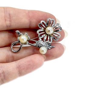 Vintage Bohemian Flower Japanese Akoya Cultured Saltwater Pearl Brooch- Sterling Silver