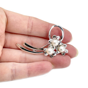 Engraved Clover Japanese Saltwater Akoya Cultured Pearl Vintage Brooch- Sterling Silver