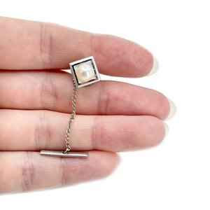 Mid-Century Modern Japanese Saltwater Akoya Cultured Pearl Brushed Tie Tac- Sterling Silver