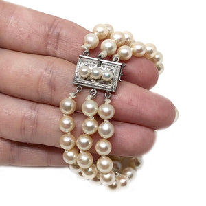 Triple Strand Japanese Saltwater Akoya Cultured Pearl Bracelet- Sterling Silver