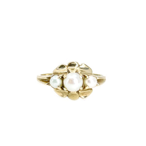 Art Nouveau Triple Japanese Saltwater Akoya Cultured Pearl Ring- 10K Yellow Gold Size 8 1/2