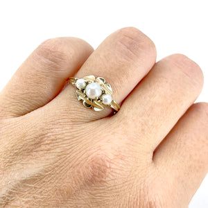 Art Nouveau Triple Japanese Saltwater Akoya Cultured Pearl Ring- 10K Yellow Gold Size 8 1/2