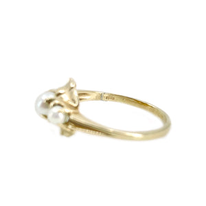 Art Nouveau Triple Japanese Saltwater Akoya Cultured Pearl Ring- 10K Yellow Gold Size 8 1/2