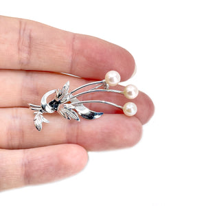 Vintage Spray Leaf Japanese Akoya Cultured Saltwater Pearl Brooch- Sterling Silver