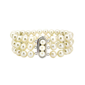 Vintage Triple Strand Japanese Saltwater Akoya Cultured Pearl Bracelet- Sterling Silver