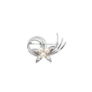Boho Vintage Leaf Swirl Japanese Saltwater Akoya Cultured Pearl Brooch- Sterling Silver