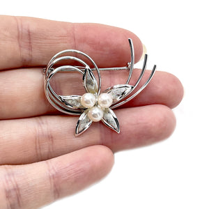 Boho Vintage Leaf Swirl Japanese Saltwater Akoya Cultured Pearl Brooch- Sterling Silver